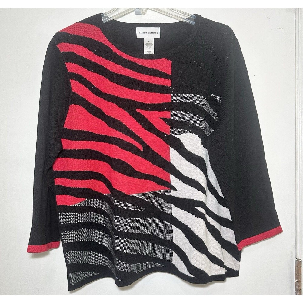 XL Zebra Animal Print Sweater Black Red White Studded 3/4 Sleeve Alfred Dunner